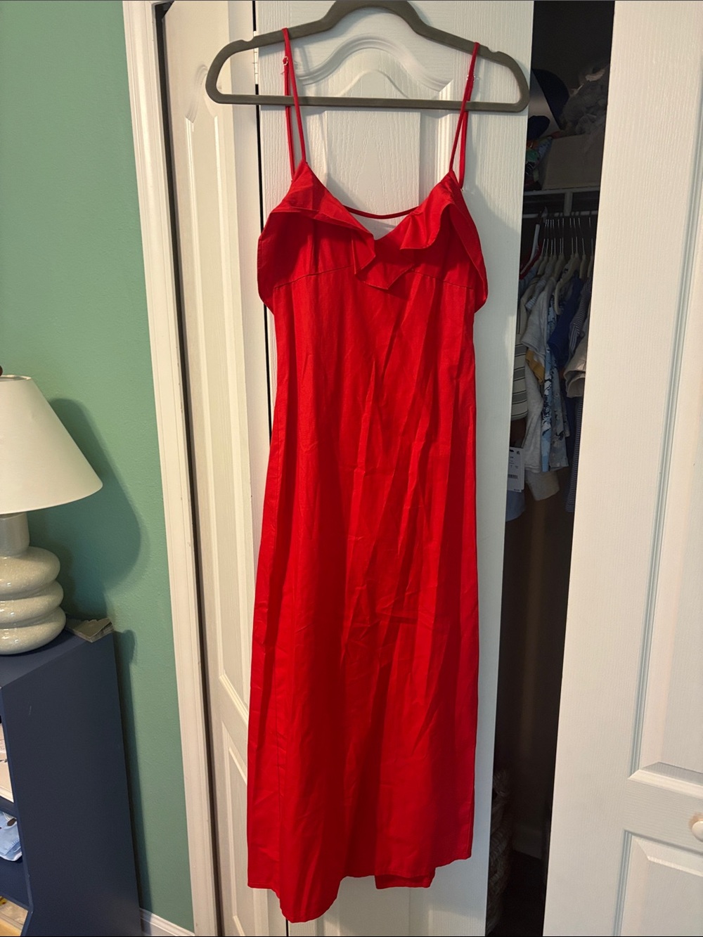 Zara Red Satin Slip Dress with Ruffle Bodice